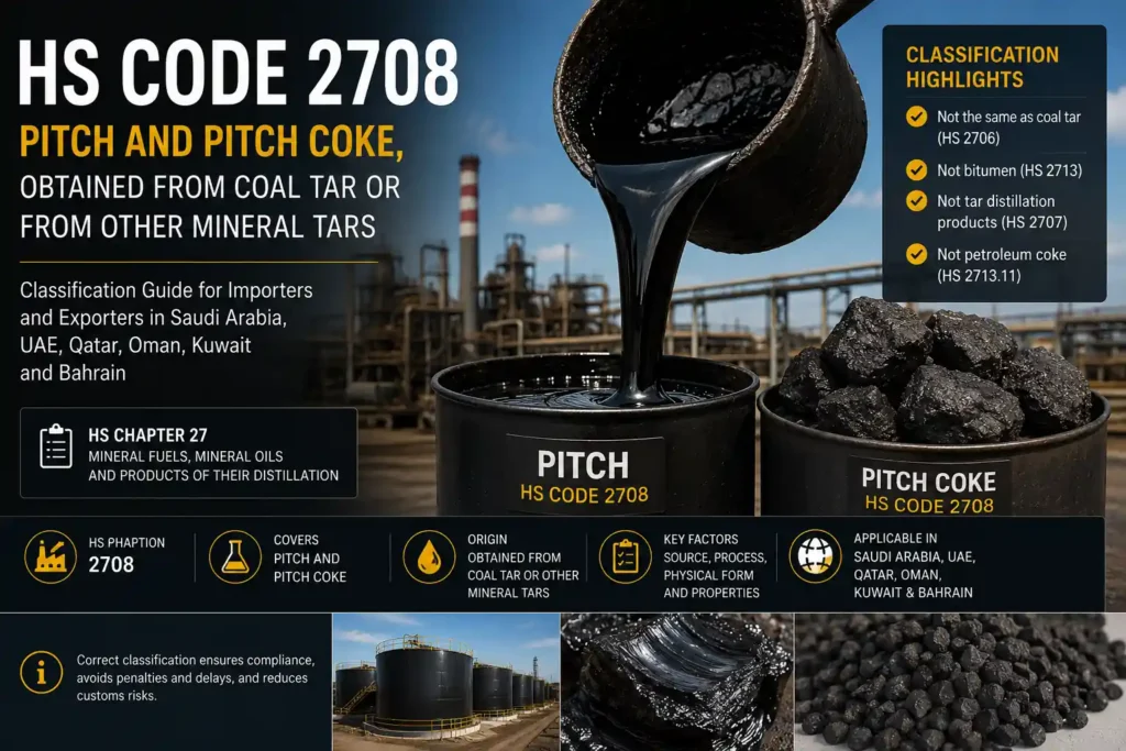 HS Code 2708 pitch and pitch coke obtained from coal tar or other mineral tars classification guide for Saudi Arabia UAE Qatar Oman Kuwait and Bahrain